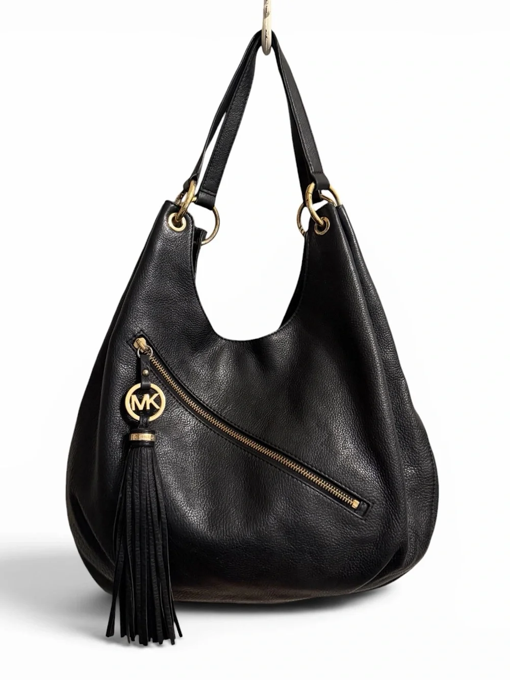 MICHAEL MICHAEL KORS Large  Black Pebble Leather Charm Tassel Hobo Shoulder Bag